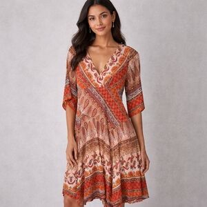 Westport 1962 Midi Dress Boho Patchwork Colorful Warm Tone V-neck Flared Sleeve